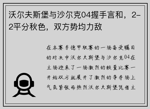 沃尔夫斯堡与沙尔克04握手言和，2-2平分秋色，双方势均力敌