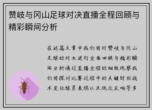 赞岐与冈山足球对决直播全程回顾与精彩瞬间分析
