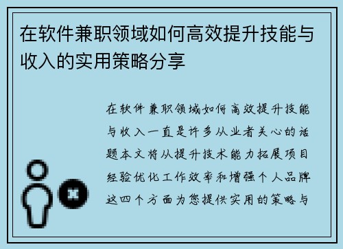 在软件兼职领域如何高效提升技能与收入的实用策略分享